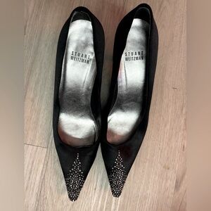 Stuart Weitzman Size 7M Rhinestone Embellished Black Satin Pumps